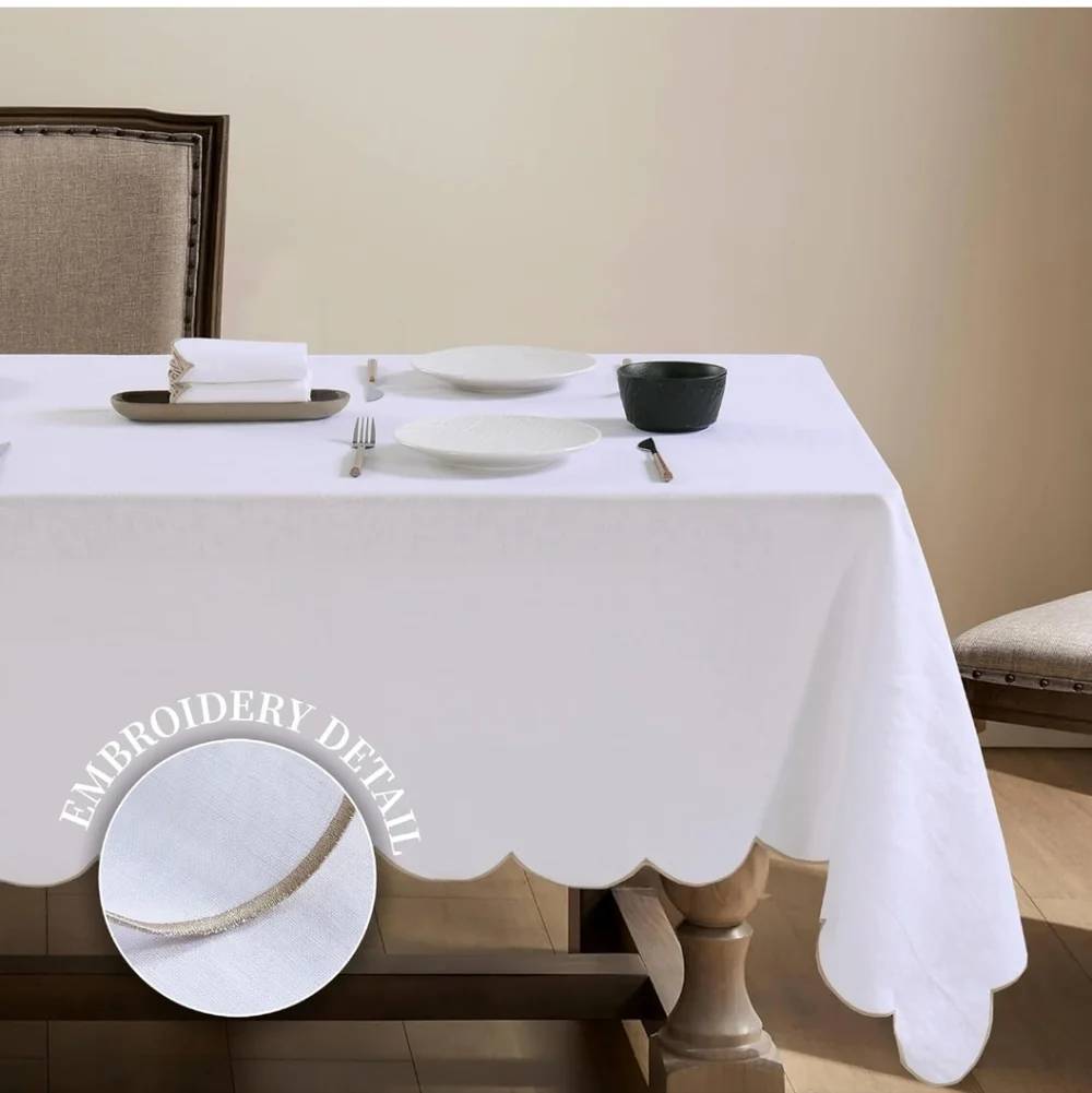 AORISSI 100% Pure Linen Scalloped Embroidery Rectangle Tablecloths 108Lx60W Inch
